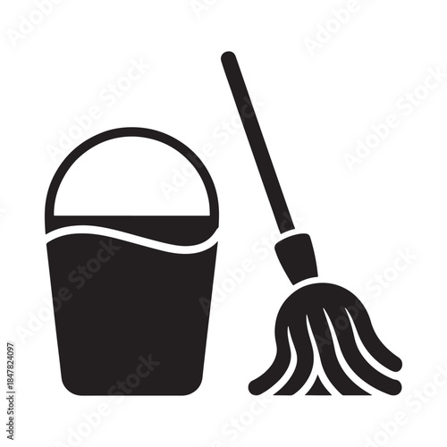Black and white illustration depicting a bucket and a mop for cleaning