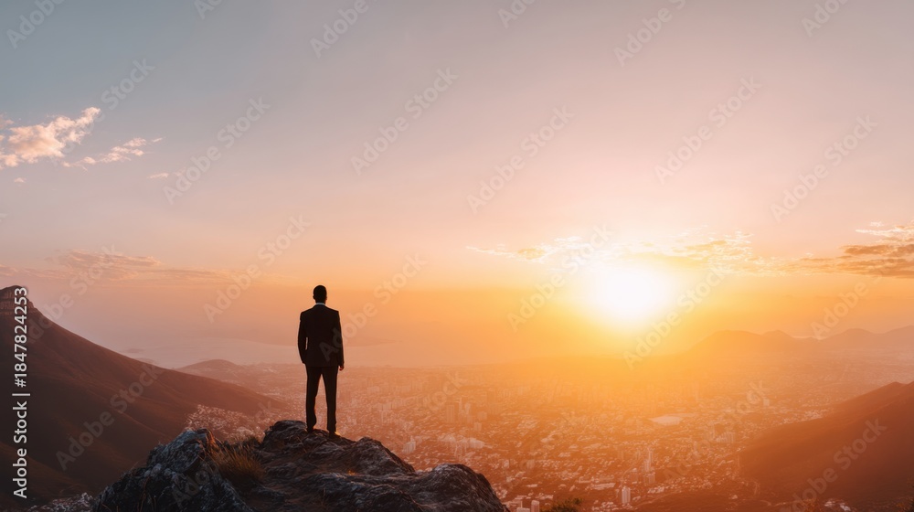Fototapeta premium Man in suit standing on clifftop at sunset looking at city. Successful businessman enjoying mountain view. Concept of challenge, achievement, and leadership.