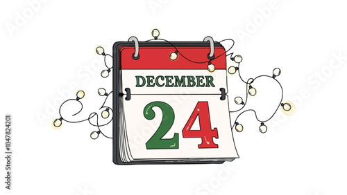 An exquisitely drawn calendar page showcasing December 24, illuminated by enchanting string lights, perfectly encapsulating the festive anticipation