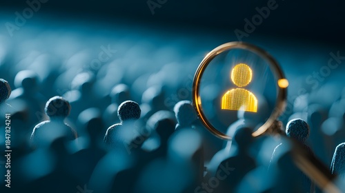 Magnifying Glass Focuses on One Person in Crowd Concept.