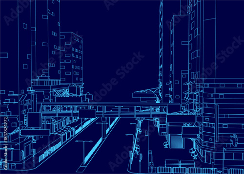 Blueprint city street scene with tall buildings, street poles, and a bridge under a deep blue background.