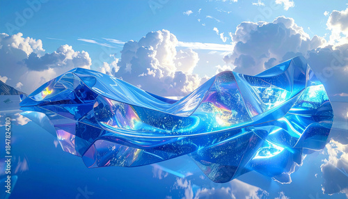 A surreal, abstract, crystalline blue structure reflecting the sky and clouds, with a mountainous landscape in the background.
