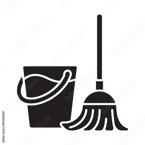 Black silhouette of a bucket and broom cleaning tools illustration