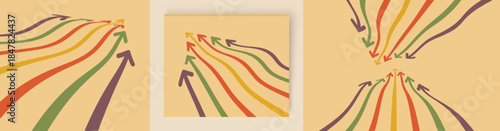 Wavy arrows moving forward towards the target. Leadership. The concept of a clash of several teams. Art composition. Dynamics. Vector for a brochure, poster, cover, presentation, flyer, or banner.