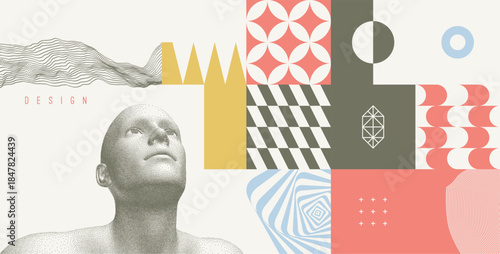 Digital human head. Geometrical pattern. Mosaic. Big data. Cover design template. Vector for presentation, placard, banner, poster, brochure or notebook.