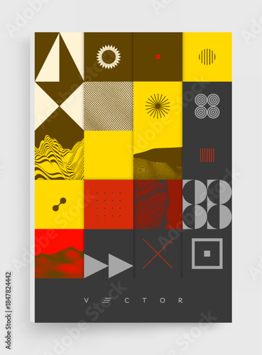Abstract geometrical pattern. Mosaic. Art composition. Landscape background. Optical illusion.Cover design template. Vector for brochure, poster, card, presentation, flyer or banner.