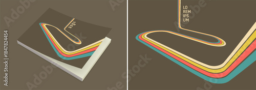 A retro 1970s-style background. Colorful lines. Abstract, dynamic curved ribbons. Softcover book layout. Cover design template. Vector illustration for brochure, planner, notebook or notepad.