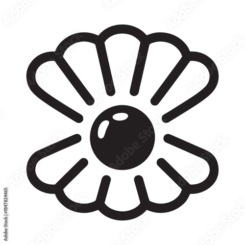 A simple black and white illustration of an open seashell with a pearl