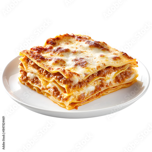 Homemade baked lasagna in dish isolated on transparent background.