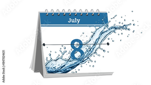 Refreshing July Eighth date on a vibrant blue and white desk calendar, highlighted by an energetic water splash, symbolizing summer activities and