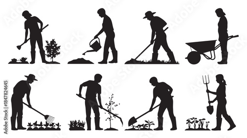 Gardener Silhouettes in Various Gardening Activities with Black and White Illustration Style for Agricultural and Horticultural Use
