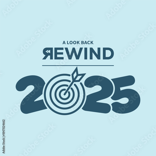 Modern “A Look Back Rewind 2025” typography in dark teal on light blue background, bold year numbers with flowing line, perfect for year-in-review videos, social media recaps, and editorial projects.