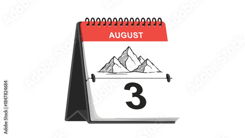 A unique calendar display for August 3rd featuring a stylized hand-drawn mountain range, ideal for illustrating adventure or an upcoming trip