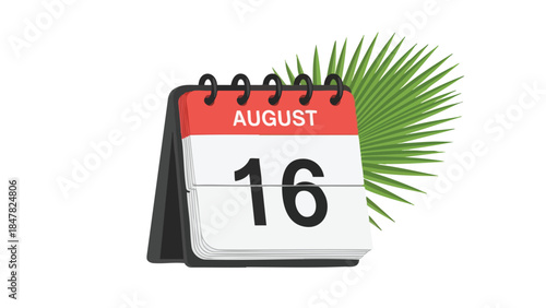A vibrant graphic illustration depicting a desk calendar turned to August 16th, creatively accompanied by a fresh, spiky tropical palm leaf, evoking
