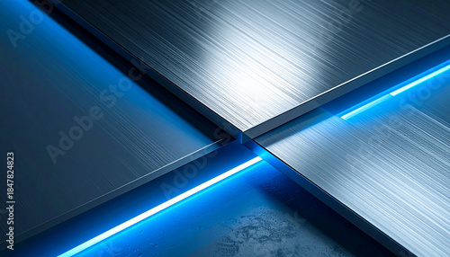 Abstract metallic surface with glowing blue neon light accents.