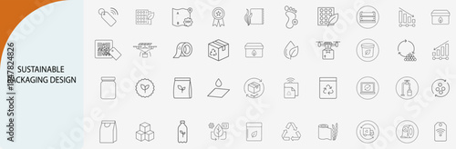 “sustainable packaging design icon set, minimal vector for eco materials and environmental impact”