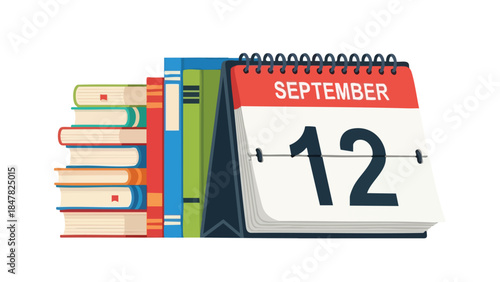Vibrant academic books beside a crisp calendar displaying September 12, symbolizing new educational journeys and crucial academic deadlines.