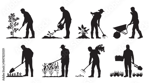 Gardener Silhouettes in Various Gardening Activities with Simple Black Illustrations for Agricultural Design