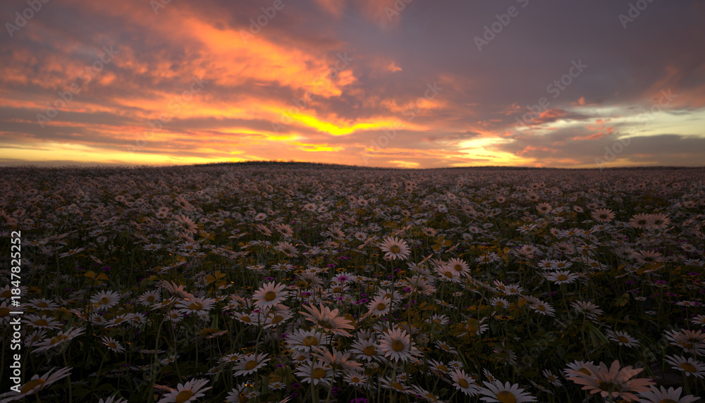 Fototapeta premium A digitally rendered flowery meadow at sunset