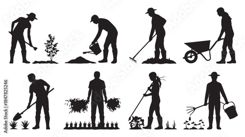 Gardening and landscaping icons with people working in garden, yard maintenance silhouette set