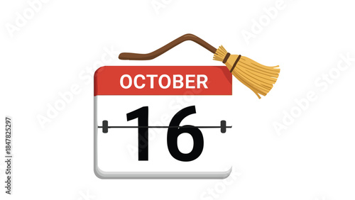 Spooky October 16th calendar with a whimsical broom illustration, perfect for autumn season themes