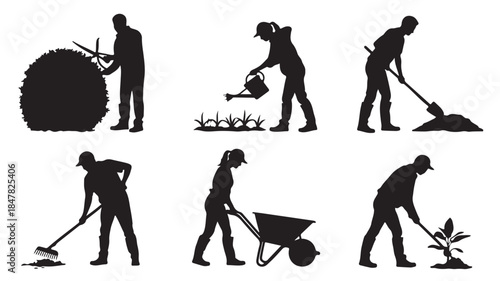 gardening icons, silhouette set, people working in garden, landscaping tools