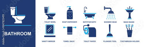 Bathroom icon set. Containing toilet bowl, soap dispenser, bathtub bath, shower head, wash basin, vanity mirror, towel rack, toilet paper, plunger tool, toothbrush holder and more. Solid vector icons