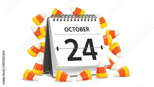 Festive October 24th calendar surrounded by vibrant candy corn, symbolizing autumnal sweetness and approaching holiday celebrations on a crisp white