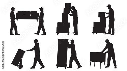 Delivery men in uniform moving furniture and boxes in various poses in black silhouette on white background for logistics