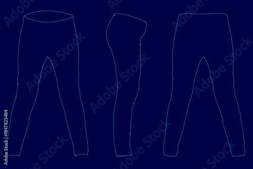 Three detailed leggings contour drawings showcase unique shapes and textures on a stark blue background. The white line art of the jeans and pants contrasts sharply with the solid color field.