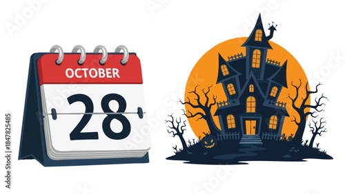October 28th on a calendar beside a haunted house against an orange moon, capturing spooky seasonal vibes and the festive countdown to Halloween