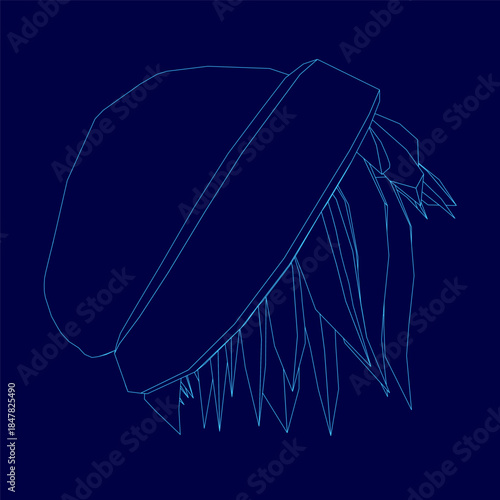 A minimalist white contour drawing of a beret hat sits on a head with hair against a solid blue background. The clean line art emphasizes the accessory's simple and classic silhouette.