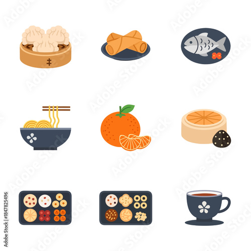 Asian Food Icon Set in Flat Design Style