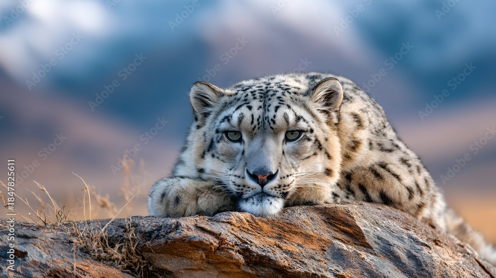 Fototapeta premium Majestic Snow Leopard Rests on Rocky Outcrop in Mountainous Terrain.