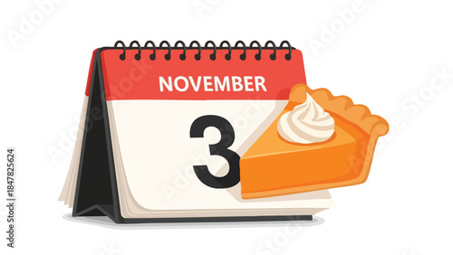 A charming graphic features a desk calendar highlighting November third, beautifully complemented by a delicious slice of pumpkin pie topped with