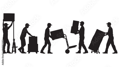 Delivery Men Silhouettes Moving Boxes in Simple Black Silhouette on White Background for Logistics