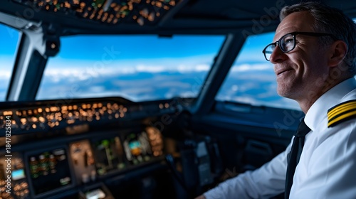 Pilot in Cockpit at Night