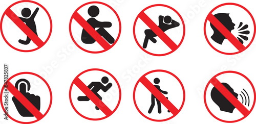 Set of Human Activity Prohibition Signs in Red Circles Isolated on White Background, No Running, No Sitting, No Sleeping and Behavior Restriction Icons.