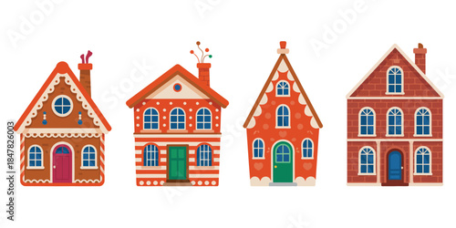 Gingerbread houses Christmas holiday winter snow candy sweet treat festive cute fun, featuring decorated gingerbread homes, colorful icing, candy details, festive decorations,