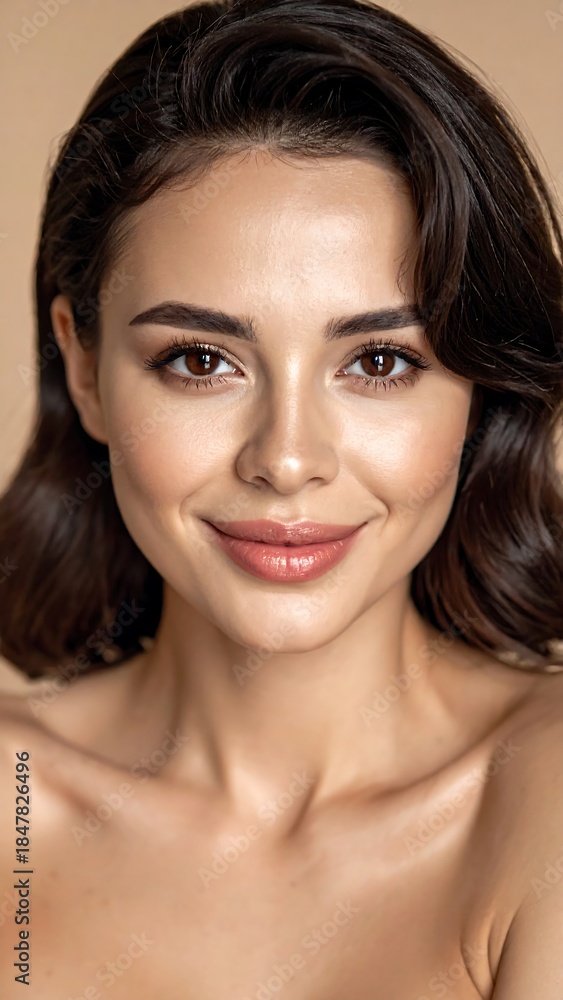 Fototapeta premium Portrait of a smiling woman with brown wavy hair and clear skin against a neutral beige background