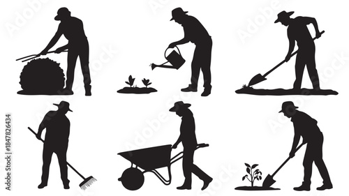 Silhouette of people farming and gardening icons, vector black illustrations