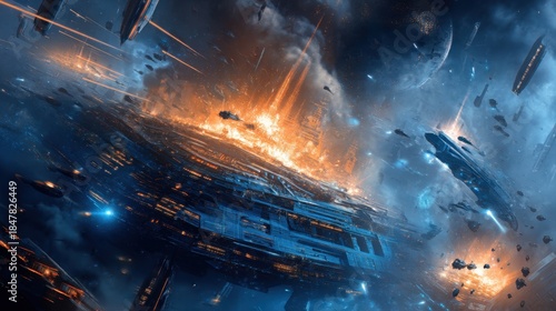 Fototapeta Naklejka Na Ścianę i Meble -  Epic space battle with futuristic spacecraft and distant planet in a chaotic science fiction scene for video game or film.