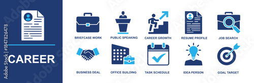 Career icon set. Containing briefcase work, public speaking, career growth, resume profile, job search, business deal, office building, task schedule, idea person, goal target and more. Solid vector i