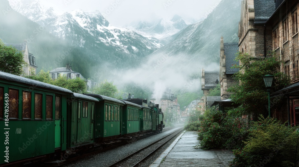 Fototapeta premium Old green train with white smoke on tracks by historic building in snowy foggy mountain valley. Travel and vintage adventure concept.
