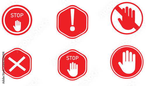 Set of Red Stop and Warning Hand Icons Isolated on White Background, Prohibition, Alert, and Safety Symbols Collection for Control and Regulation Concepts.