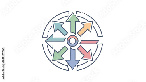 Multicolored arrows radiating outward from a central hub symbolizing dynamic movement and
