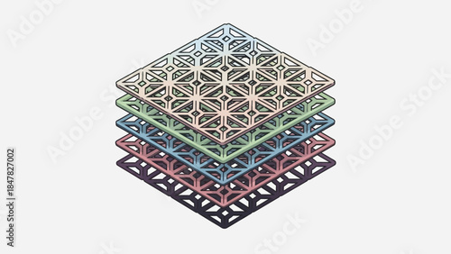 Multilayered geometric lattice design featuring interconnected patterned panels with pastel color