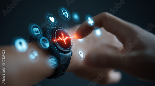 Person touching smart watch displaying heart rate and health icons wrist finger