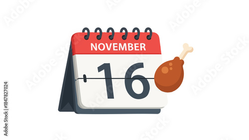 A desk calendar displaying November sixteenth with a roasted poultry drumstick, symbolizing delicious autumnal celebrations, holiday meal planning,