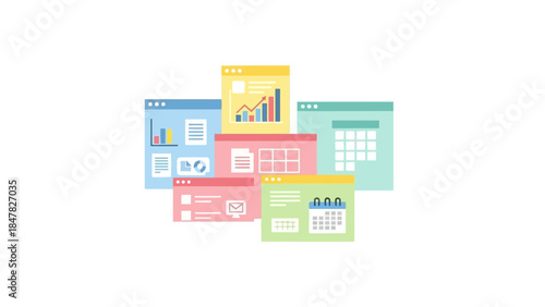 Multiple colorful digital dashboards and data analytics interfaces representing data management